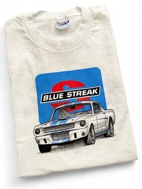 Vintage 1990s Blue Streak Classic Car Graphic Tee - White with Blue & Red XL